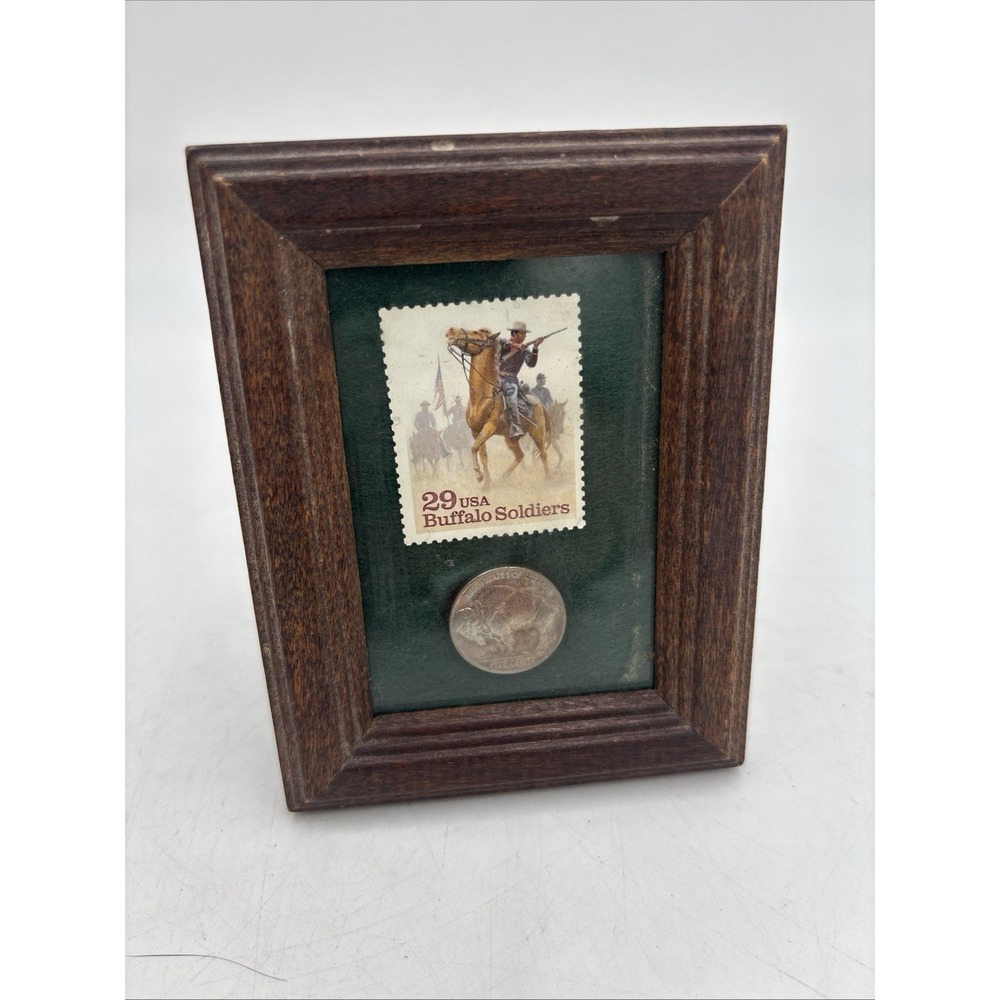 Buffalo Collectible Soldier 29 Cent Stamp And Buffalo Nickel Coin Framed